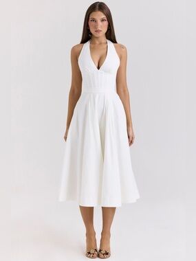 HOUSE OF CB 'Allena' White Stretch Cotton halter Midi Sundress nwot